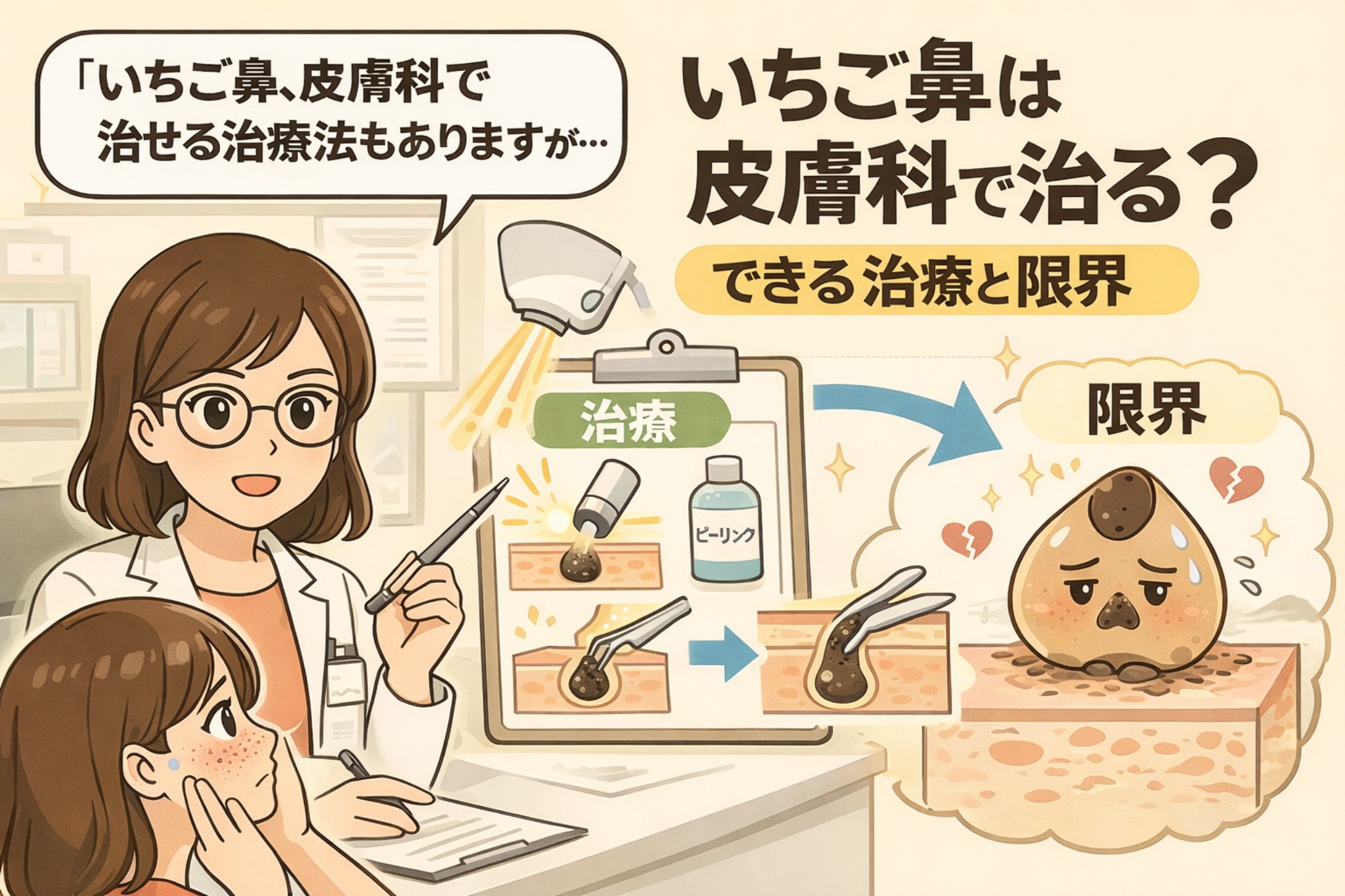 いちご鼻は皮膚科で治るのかを解説するイラスト。左側では皮膚科の診察室で医師が患者に説明しており、ピーリングなどの治療で角栓を除去する様子が図解されている。右側には「限界」と書かれた雲の中で、再び詰まってしまう角栓のキャラクターが描かれ、皮膚科治療でできることと継続ケアの必要性を対比して示している。「いちご鼻は皮膚科で治る？できる治療と限界」というテーマを視覚的に伝える構成。