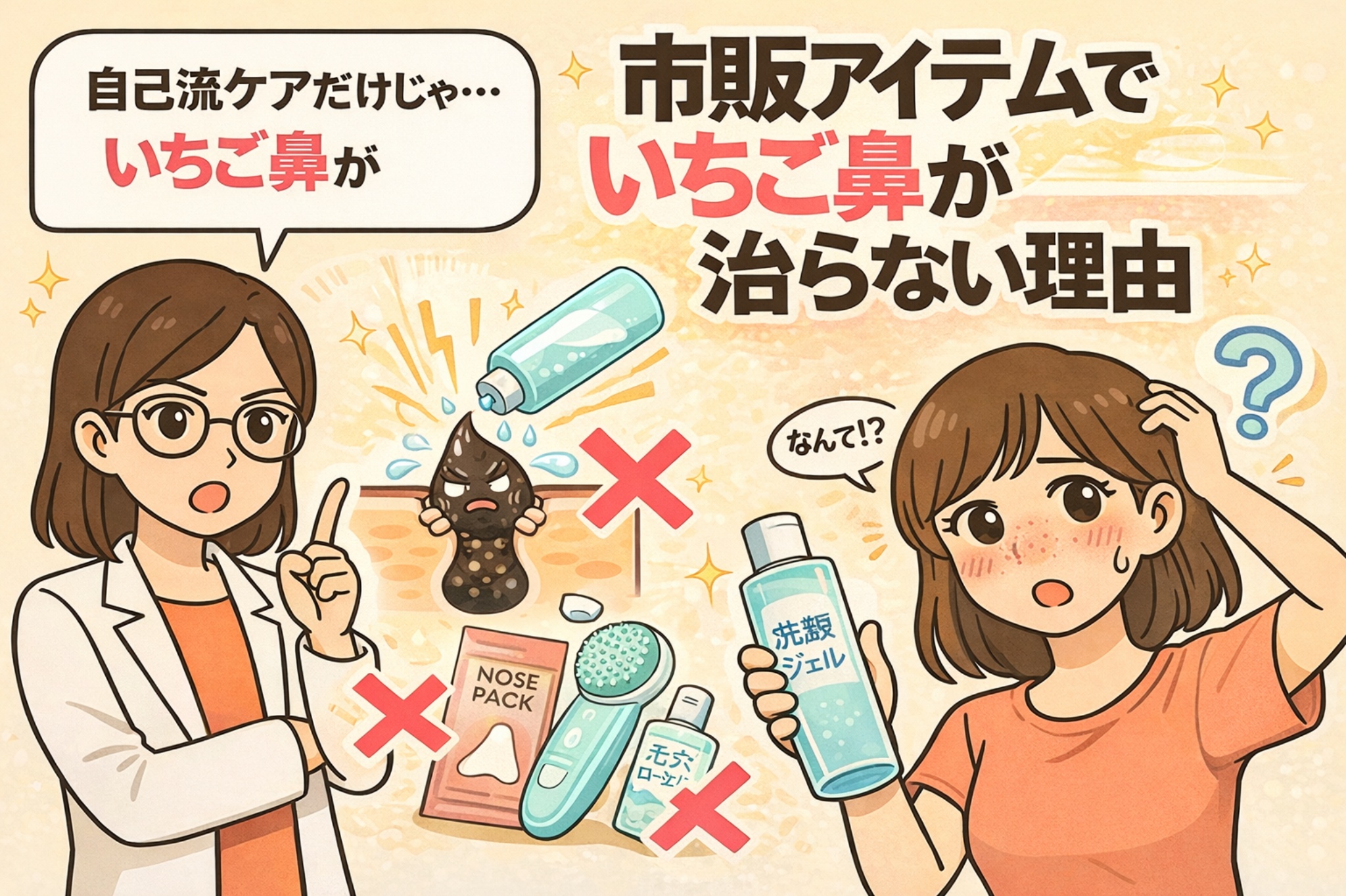 市販アイテムではいちご鼻が治らない理由を解説するイラスト。左側には白衣を着た女性が解説役として指を立て、中央には化粧水をかけられても改善しない角栓のイラストや、鼻パック、洗顔ブラシ、ローションなどの市販ケア用品に×印が付けられている。右側では、洗顔ジェルを持ちながら鼻の毛穴に悩み「なんで？」と戸惑う女性が描かれ、市販の自己流ケアの限界を示す構図になっている。