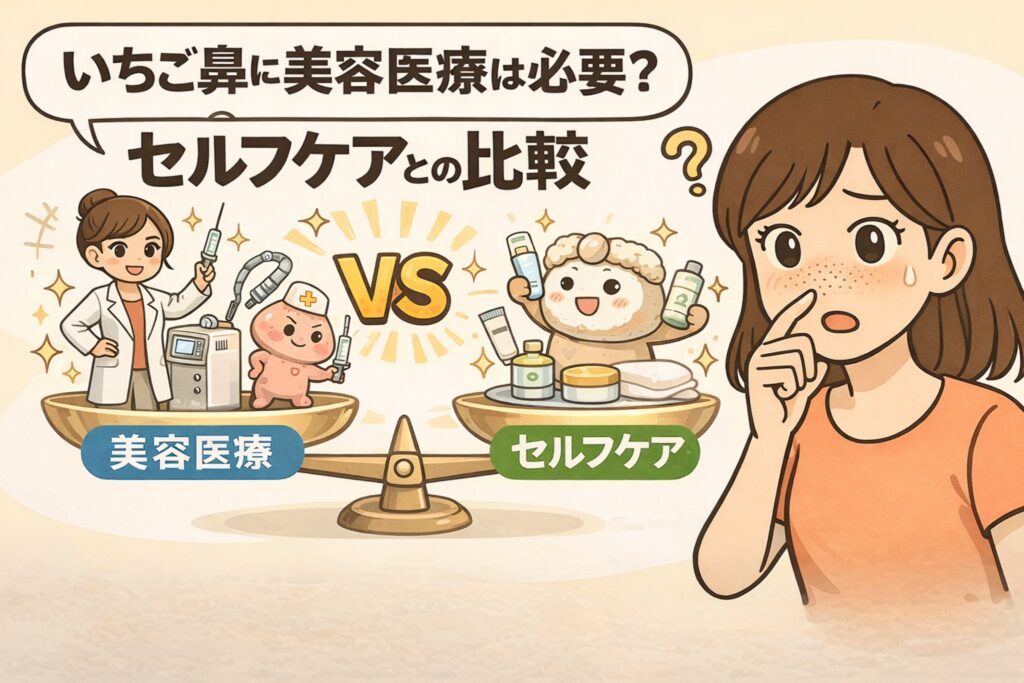 いちご鼻に美容医療が必要かどうかを、セルフケアと比較して解説するイラスト。中央には天秤が描かれ、左側に医師や医療機器、注射を持ったキャラクターによる「美容医療」、右側にスキンケア用品を持つキャラクターによる「セルフケア」が配置されている。右端では、鼻の毛穴を気にして指で触りながら悩む女性が描かれ、「いちご鼻に美容医療は必要？」という疑問を投げかける構図になっている。