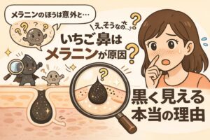 いちご鼻の黒ずみはメラニンが原因なのかを解説するイラスト。鼻の黒ずみを気にする女性が指で鼻を触りながら疑問の表情を浮かべている。左側には擬人化されたメラニンや角栓のキャラクターと、毛穴断面図が描かれ、拡大鏡で黒く見える角栓の正体を示している。「いちご鼻はメラニンが原因？」「黒く見える本当の理由」といったテキストが配置され、誤解されがちなメラニン説を問い直す構成になっている。