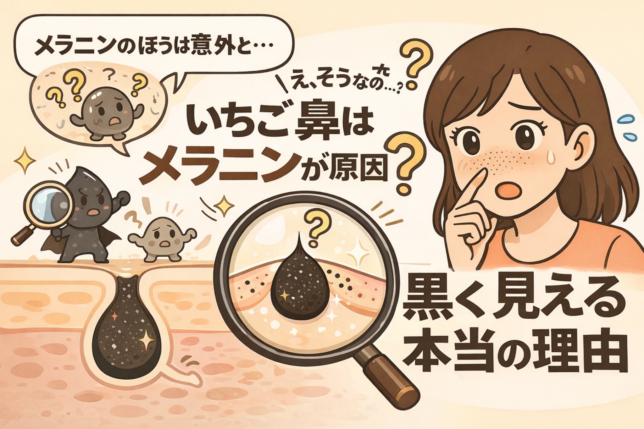 いちご鼻の黒ずみはメラニンが原因なのかを解説するイラスト。鼻の黒ずみを気にする女性が指で鼻を触りながら疑問の表情を浮かべている。左側には擬人化されたメラニンや角栓のキャラクターと、毛穴断面図が描かれ、拡大鏡で黒く見える角栓の正体を示している。「いちご鼻はメラニンが原因?」「黒く見える本当の理由」といったテキストが配置され、誤解されがちなメラニン説を問い直す構成になっている。