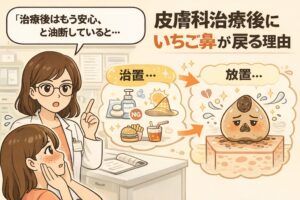 皮膚科治療後にいちご鼻が戻ってしまう理由を解説するイラスト。左側では皮膚科の診察室で医師が患者に説明しており、「治療後はもう安心」と油断してしまう状況が描かれている。中央には治療後にスキンケアや生活習慣を放置してしまう様子がアイコンで示され、右側では再び角栓が詰まり落ち込んだ表情のキャラクターが描かれている。「皮膚科治療後にいちご鼻が戻る理由」を視覚的に伝える構成。