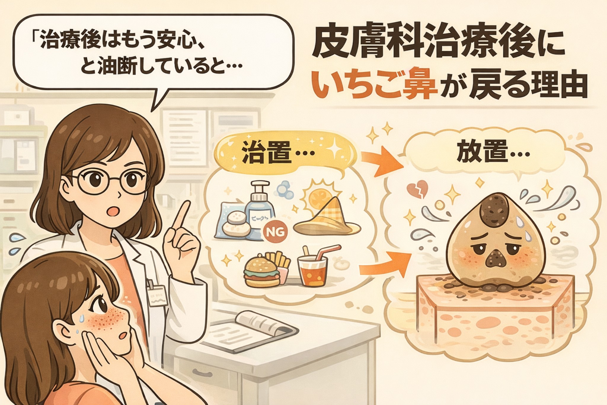 皮膚科治療後にいちご鼻が戻ってしまう理由を解説するイラスト。左側では皮膚科の診察室で医師が患者に説明しており、「治療後はもう安心」と油断してしまう状況が描かれている。中央には治療後にスキンケアや生活習慣を放置してしまう様子がアイコンで示され、右側では再び角栓が詰まり落ち込んだ表情のキャラクターが描かれている。「皮膚科治療後にいちご鼻が戻る理由」を視覚的に伝える構成。