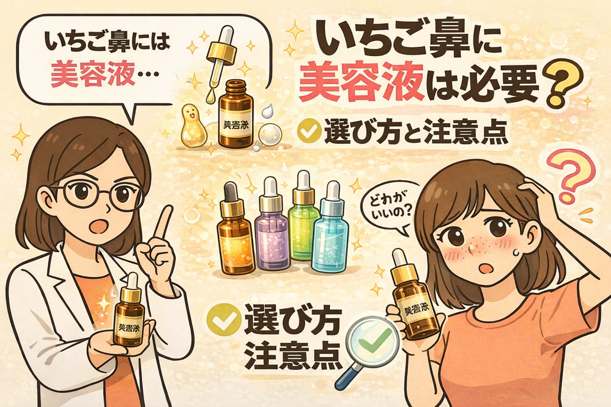 いちご鼻に美容液は必要なのかを解説するイラスト。左側には白衣を着た女性が美容液のボトルを手に持ち、「いちご鼻には美容液…」と説明している。中央には複数の美容液ボトルが並び、成分や選び方の違いを示唆。右側では鼻の毛穴を気にする女性が美容液を持ちながら「どれがいいの?」と悩んでいる様子が描かれ、「いちご鼻に美容液は必要?選び方と注意点」というテーマを視覚的に伝えている。