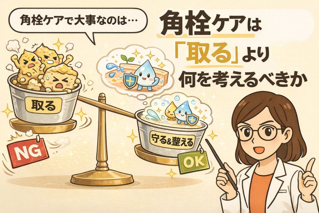 角栓ケアで大切な考え方を比較して示したイラスト。「取る」ケアはNGとして、角栓を無理に取り除こうとする様子が天秤の左側に描かれている。一方、右側には「守る＆整える」ケアがOKとして描かれ、皮脂や水分を守りながら肌環境を整えるイメージが表現されている。白衣と眼鏡の女性が指差しで解説し、角栓ケアは除去よりも肌を守り整える視点が重要であることをわかりやすく伝えている。