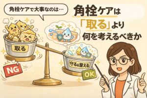角栓ケアで大切な考え方を比較して示したイラスト。「取る」ケアはNGとして、角栓を無理に取り除こうとする様子が天秤の左側に描かれている。一方、右側には「守る＆整える」ケアがOKとして描かれ、皮脂や水分を守りながら肌環境を整えるイメージが表現されている。白衣と眼鏡の女性が指差しで解説し、角栓ケアは除去よりも肌を守り整える視点が重要であることをわかりやすく伝えている。