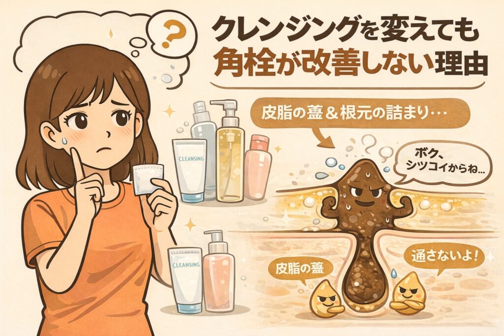 クレンジングを変えても角栓が改善しない理由を解説する図解イラスト。クレンジングアイテムを替えて悩む女性と、毛穴奥に残る角栓の根元構造、皮脂の“蓋”によって洗浄成分が届かない様子が描かれている。