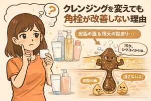 クレンジングを変えても角栓が改善しない理由を解説する図解イラスト。クレンジングアイテムを替えて悩む女性と、毛穴奥に残る角栓の根元構造、皮脂の“蓋”によって洗浄成分が届かない様子が描かれている。