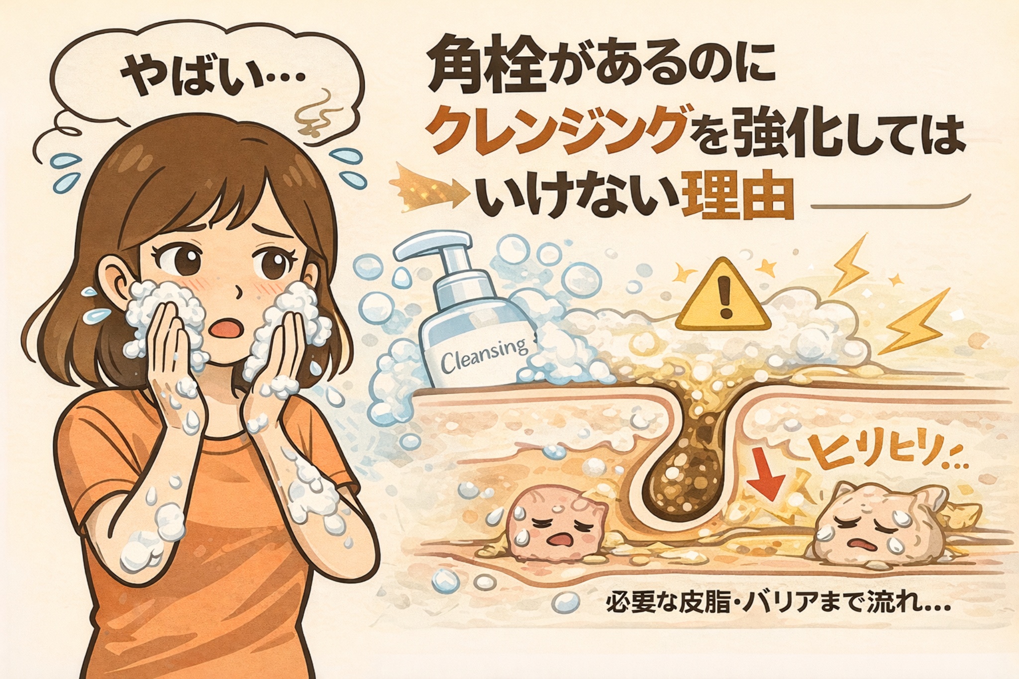 角栓がある状態でクレンジングを強化してはいけない理由を解説する図解イラスト。泡だらけで洗いすぎて不安そうな女性と、毛穴断面で必要な皮脂やバリアまで流され、ヒリヒリと刺激を受ける肌の様子が描かれている。