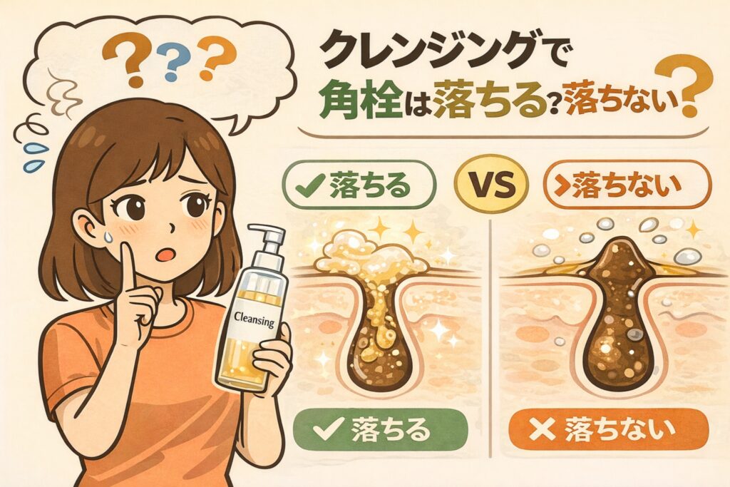 クレンジングで角栓が落ちるかどうかを比較した図解イラスト。クレンジングオイルを手に悩む女性と、「落ちる場合」「落ちない場合」の毛穴断面を並べて示し、角栓の状態による違いを分かりやすく解説している。
