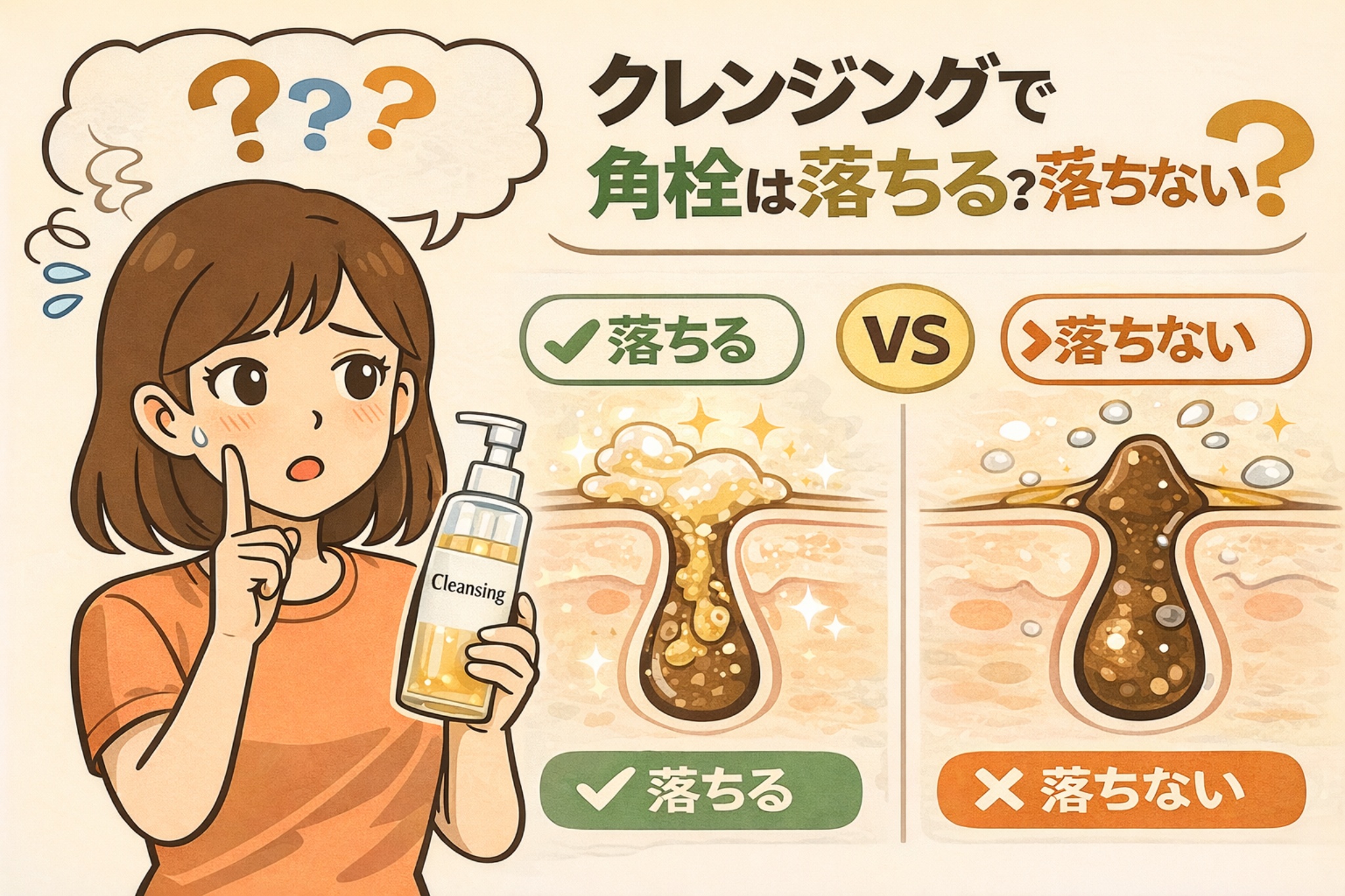 クレンジングで角栓が落ちるかどうかを比較した図解イラスト。クレンジングオイルを手に悩む女性と、「落ちる場合」「落ちない場合」の毛穴断面を並べて示し、角栓の状態による違いを分かりやすく解説している。