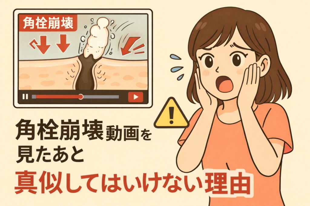 角栓崩壊動画を見たあとに真似してはいけない理由を解説する図解イラスト。角栓が崩れる映像の再生画面と、注意マーク、不安そうな表情の女性が描かれ、刺激の強い行為を再現する危険性を警告している。