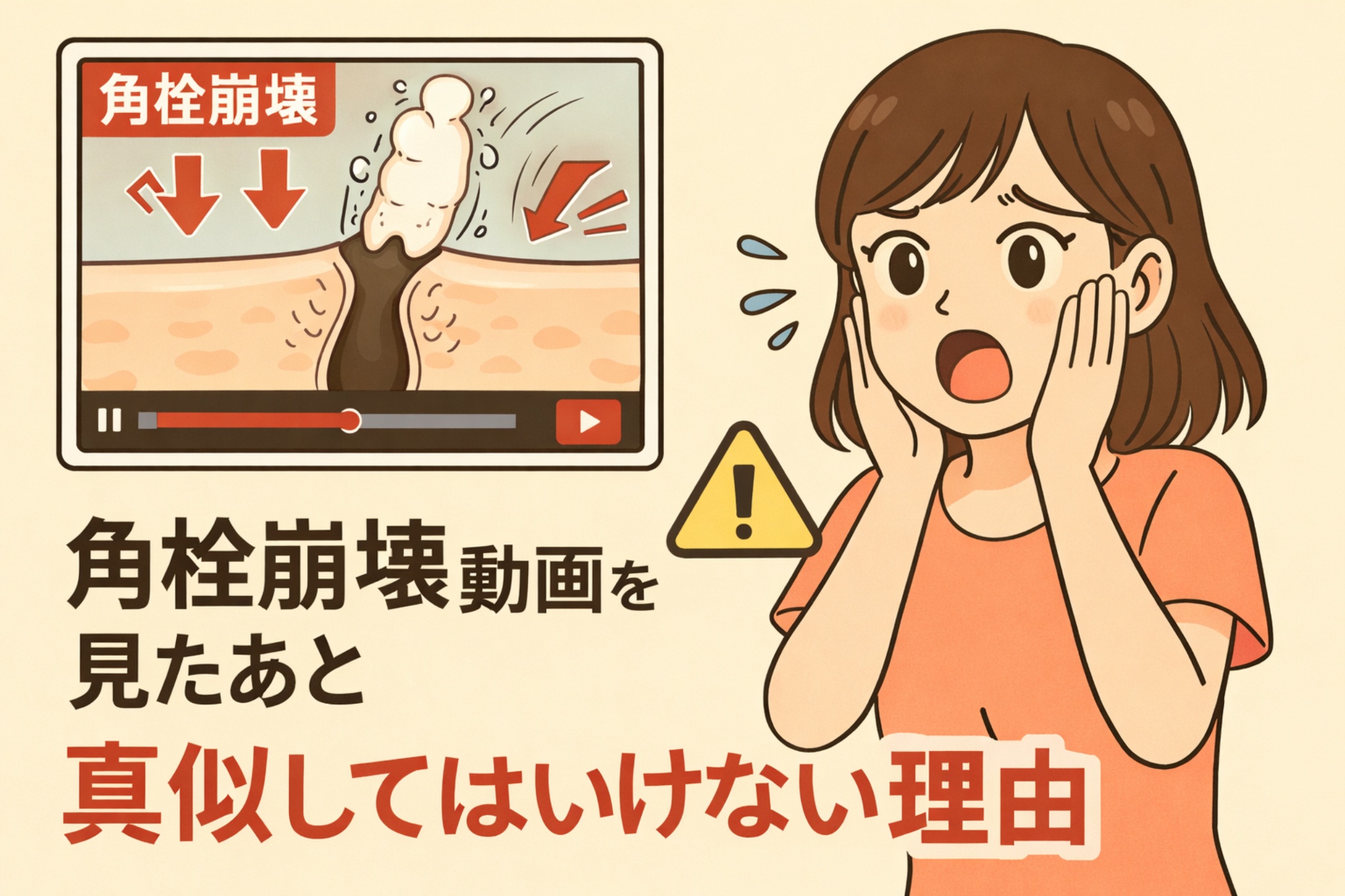 角栓崩壊動画を見たあとに真似してはいけない理由を解説する図解イラスト。角栓が崩れる映像の再生画面と、注意マーク、不安そうな表情の女性が描かれ、刺激の強い行為を再現する危険性を警告している。