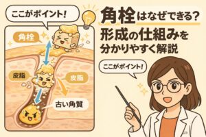 角栓がなぜできるのか、その形成の仕組みを解説するイラスト。毛穴の断面図の中で、皮脂と古い角質が混ざり合い、毛穴の奥から角栓として成長していく過程が矢印で示されている。擬人化された皮脂や角質が登場し、白衣と眼鏡の女性が指差しで「ここがポイント」と説明する構図になっており、角栓形成のメカニズムを視覚的にわかりやすく伝えている。