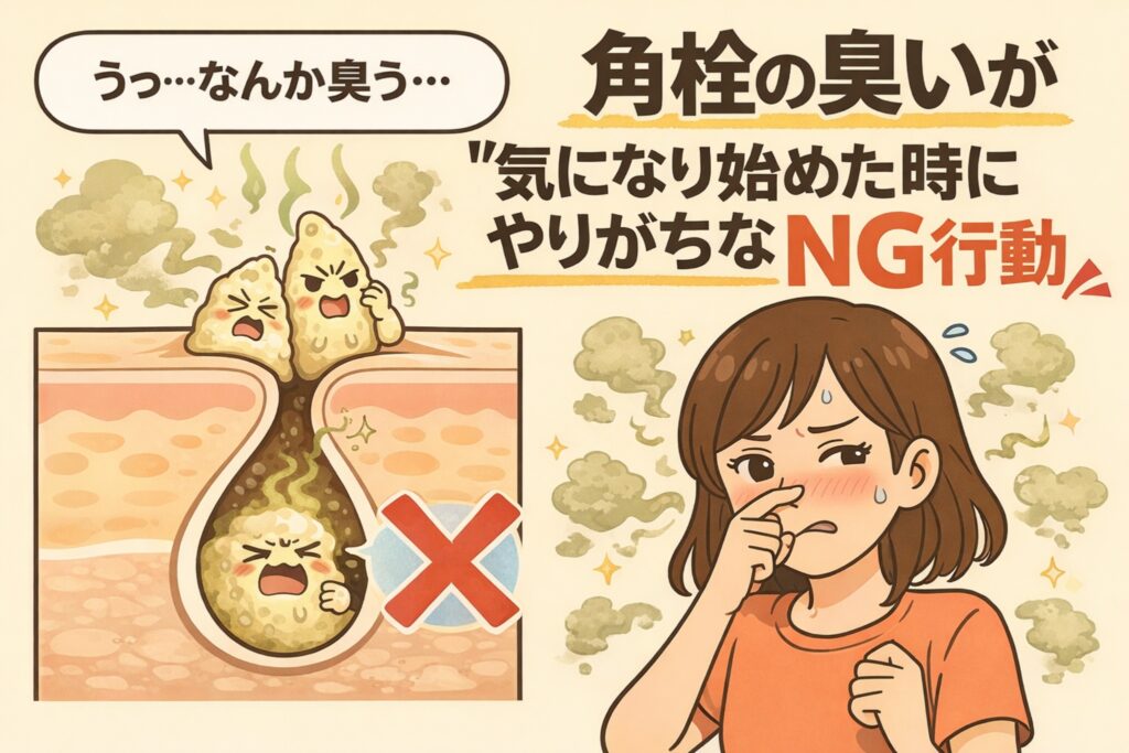 角栓の臭いが気になり始めたときにやりがちなNG行動を説明するイラスト。毛穴断面図の中で、酸化して臭いを放つ角栓が擬人化されて描かれ、赤いバツ印で誤った対処を示している。横には鼻をつまんで困った表情の女性が描かれ、角栓の臭いと誤ったケアへの注意を視覚的に伝えている。