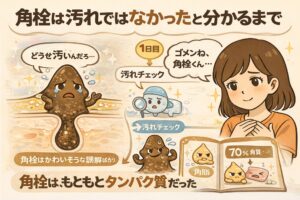 角栓は汚れではなかったと理解するまでの過程を描いた図解イラスト。汚れだと誤解され落ち込む角栓の擬人化表現、汚れチェックの工程、角栓の約70％が角質（タンパク質）であるという説明と、理解して謝る女性が描かれている。