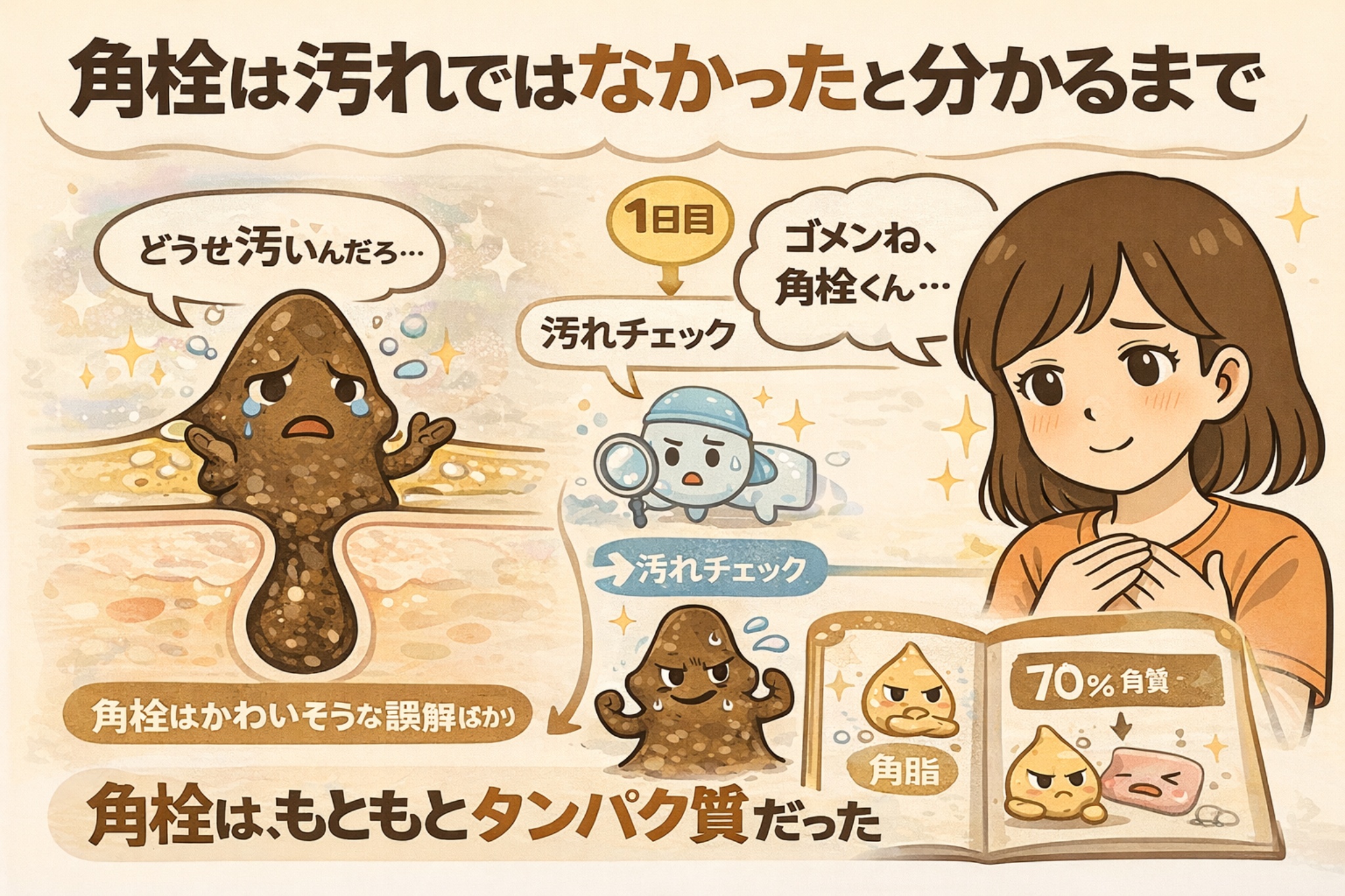 角栓は汚れではなかったと理解するまでの過程を描いた図解イラスト。汚れだと誤解され落ち込む角栓の擬人化表現、汚れチェックの工程、角栓の約70％が角質（タンパク質）であるという説明と、理解して謝る女性が描かれている。