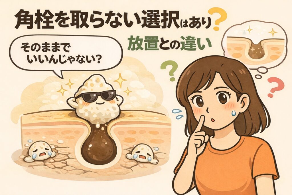 角栓を取らない選択と放置の違いを解説する図解イラスト。毛穴に残った角栓がサングラス姿で落ち着いている様子と、乾燥した肌環境の対比が描かれ、判断に迷う女性が考え込んでいる。
