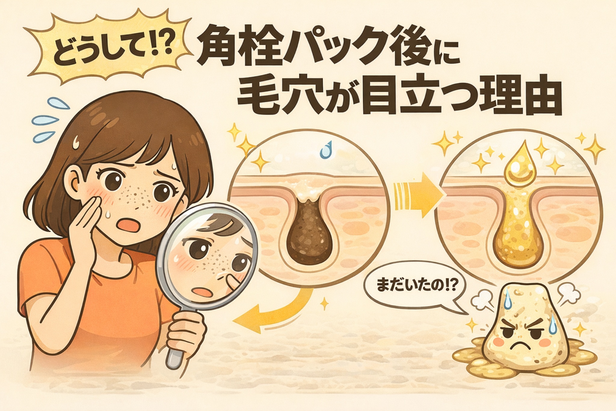 角栓パック後に毛穴が目立つ理由を解説する図解イラスト。角栓パック後の毛穴断面で皮脂が分泌され再び詰まる流れが示され、鏡で毛穴を確認して驚く女性と、不満そうな角栓キャラクターが描かれている。