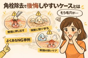 角栓除去で後悔しやすいケースを解説する図解イラスト。無理に角栓を押し出す行為、頻繁に取りすぎるケア、刺激の強いスキンケアによって毛穴が赤く炎症する様子が示され、不安そうな表情の女性が描かれている。