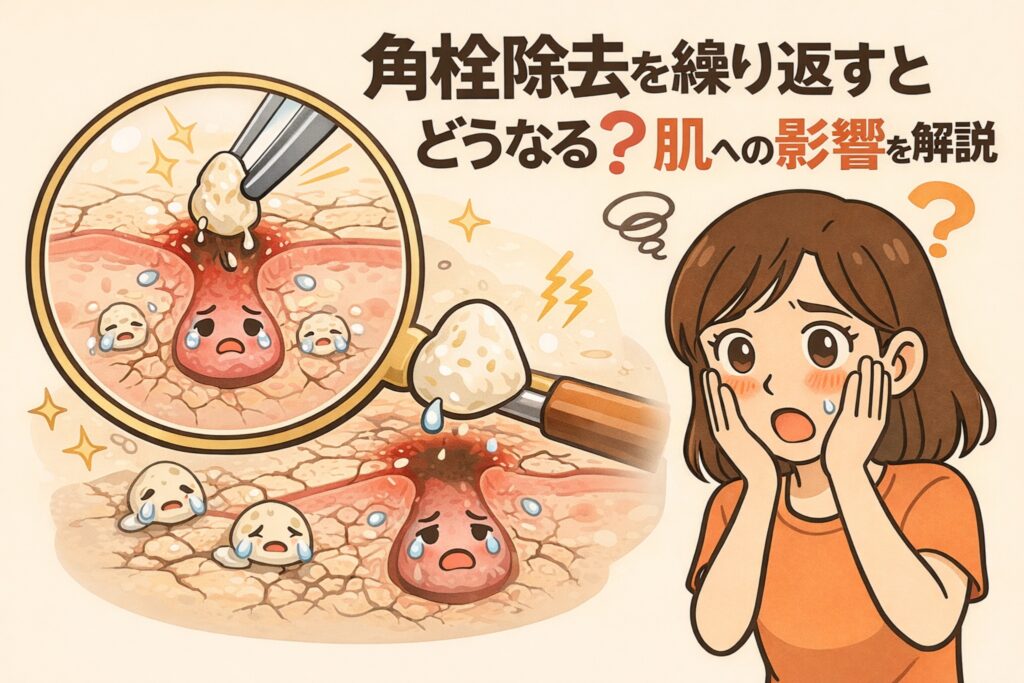 角栓除去を繰り返した場合の肌への影響を解説する図解イラスト。毛穴断面を虫眼鏡で拡大し、角栓を取り除かれて赤く炎症した毛穴や乾燥した肌状態が描かれ、頬に手を当てて不安そうな女性が並んでいる。