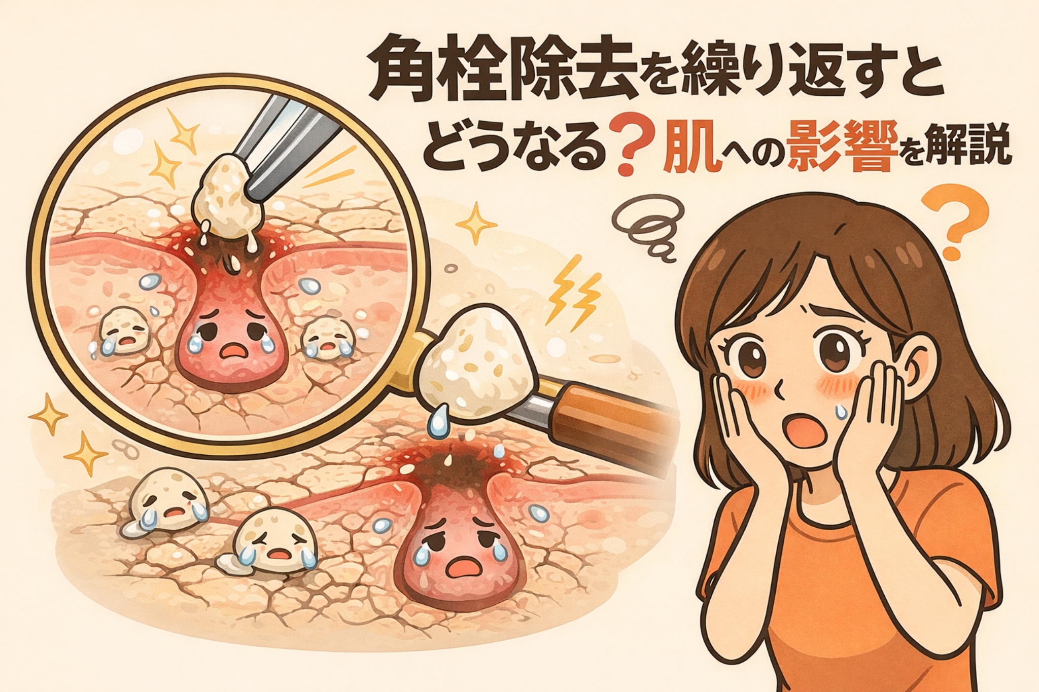 角栓除去を繰り返した場合の肌への影響を解説する図解イラスト。毛穴断面を虫眼鏡で拡大し、角栓を取り除かれて赤く炎症した毛穴や乾燥した肌状態が描かれ、頬に手を当てて不安そうな女性が並んでいる。