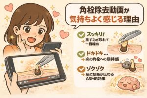 角栓除去動画が気持ちよく感じる理由を解説する図解イラスト。スマートフォンで角栓除去動画を見る女性と、黒ずみが取れてスッキリする爽快感、次の角栓を期待するドキドキ感、ASMRによる快感が視覚的に示されている。