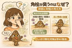 角栓が臭う理由と対処の考え方を解説する図解イラスト。鼻を押さえて悩む女性と、皮脂の酸化や雑菌の繁殖、古い角栓の放置によってニオイが発生する仕組みが示され、酸化対策と早めのケアが重要であることを説明している。