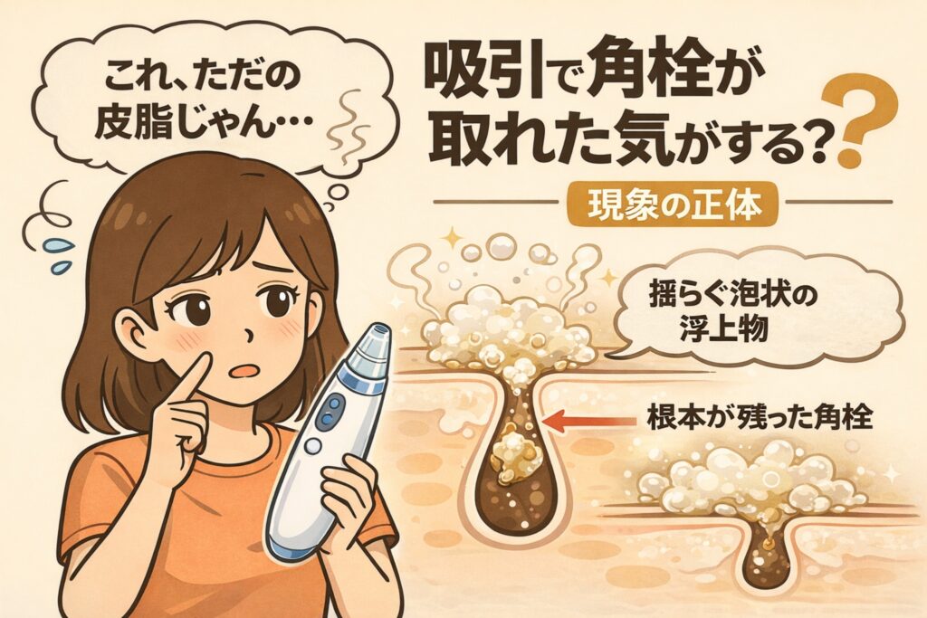 吸引で角栓が取れたように感じる現象の正体を解説する図解イラスト。角栓吸引器を手にした女性と、泡状に浮き上がる皮脂、根本が残った角栓の断面図が描かれ、「取れた気がする」錯覚の理由を示している。