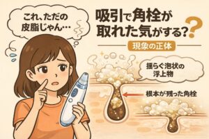 吸引で角栓が取れたように感じる現象の正体を解説する図解イラスト。角栓吸引器を手にした女性と、泡状に浮き上がる皮脂、根本が残った角栓の断面図が描かれ、「取れた気がする」錯覚の理由を示している。