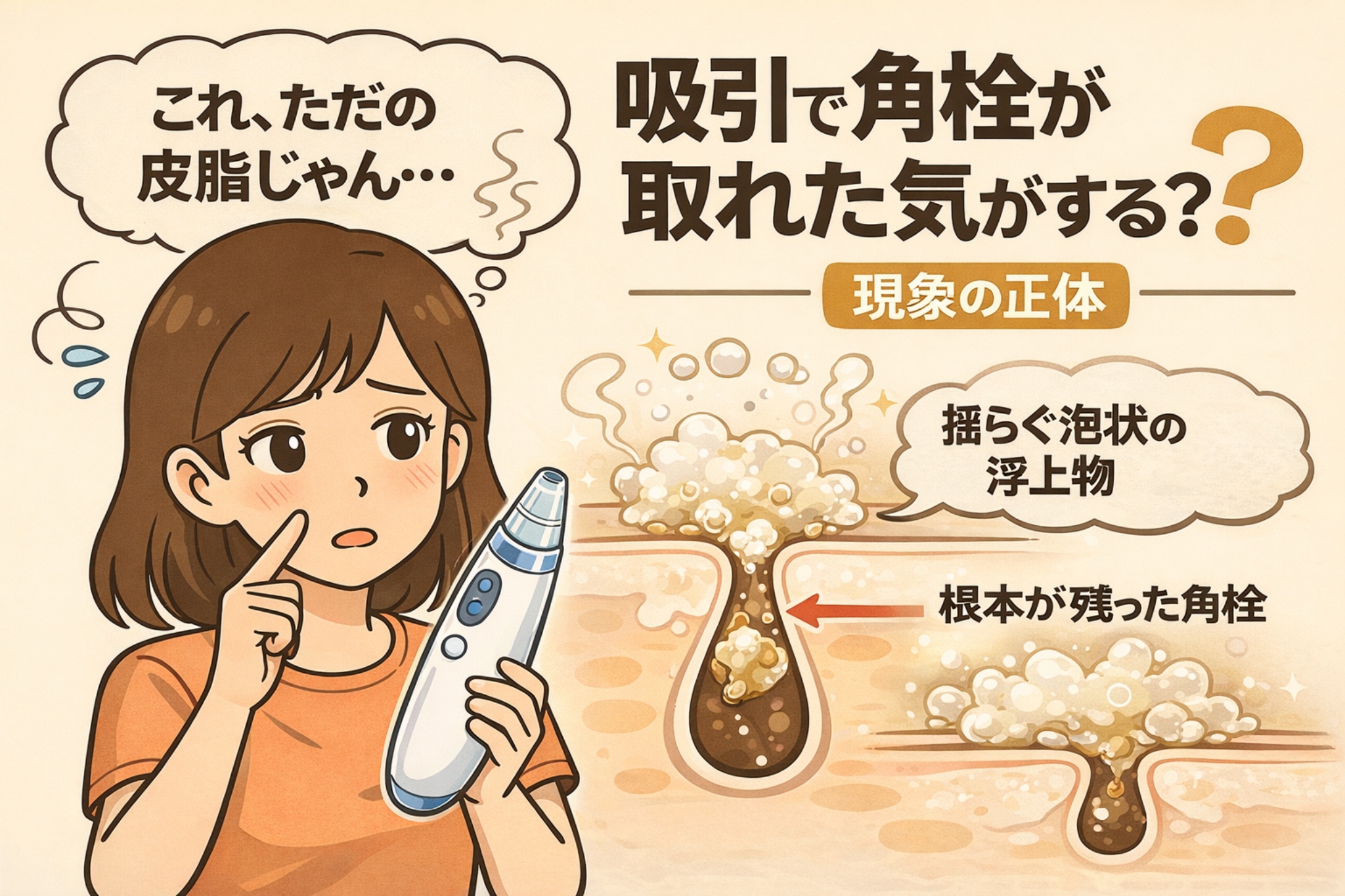 吸引で角栓が取れたように感じる現象の正体を解説する図解イラスト。角栓吸引器を手にした女性と、泡状に浮き上がる皮脂、根本が残った角栓の断面図が描かれ、「取れた気がする」錯覚の理由を示している。