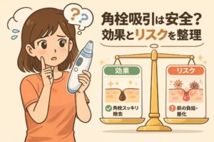 角栓吸引は安全かを解説する図解イラスト。角栓吸引器を手に悩む女性と、天秤で示された「効果（角栓がスッキリ除去）」と「リスク（肌への負担・悪化）」を比較し、メリットと注意点を整理している。
