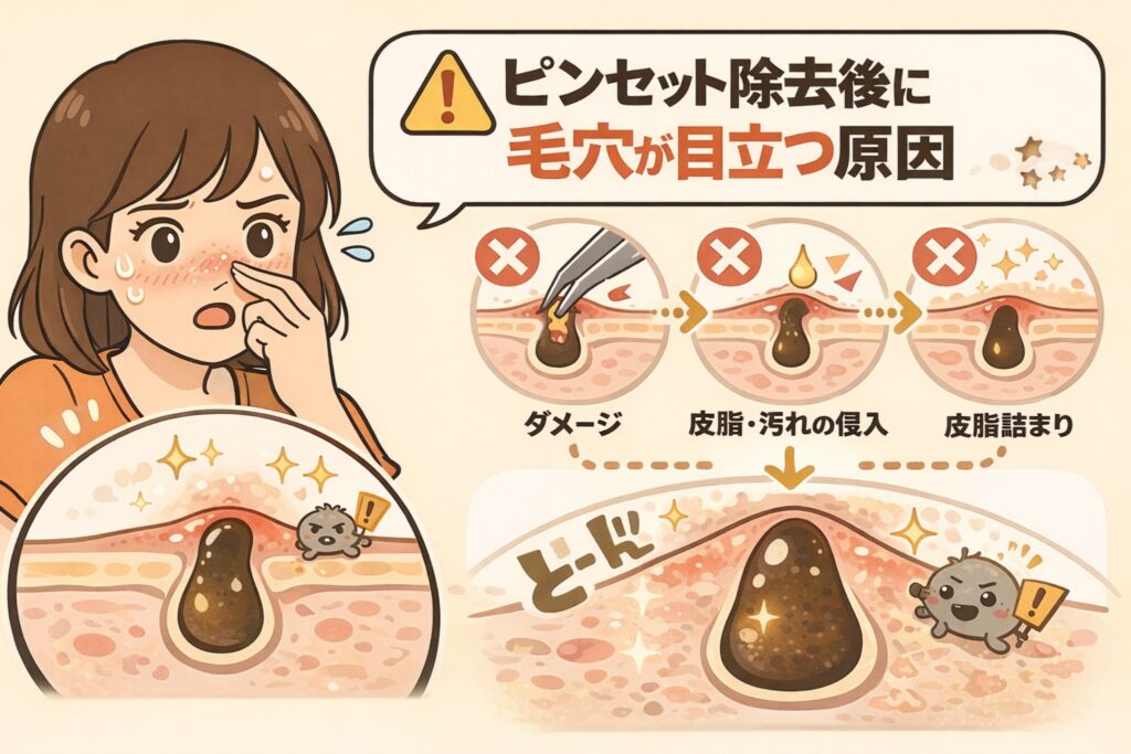 ピンセットで角栓を除去した後に毛穴が目立つようになる原因を解説する図解イラスト。角栓除去による毛穴ダメージ、皮脂や汚れの侵入、再詰まりの流れが段階的に示され、鼻を気にして不安そうな女性が描かれている。