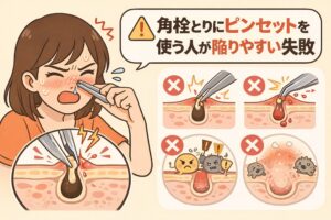 角栓取りにピンセットを使う人が陥りやすい失敗を解説する図解イラスト。鼻の角栓をピンセットで無理に引き抜こうとして痛みや赤みが出る様子と、出血・炎症・毛穴ダメージなどのNG事例が複数並べて示されている。