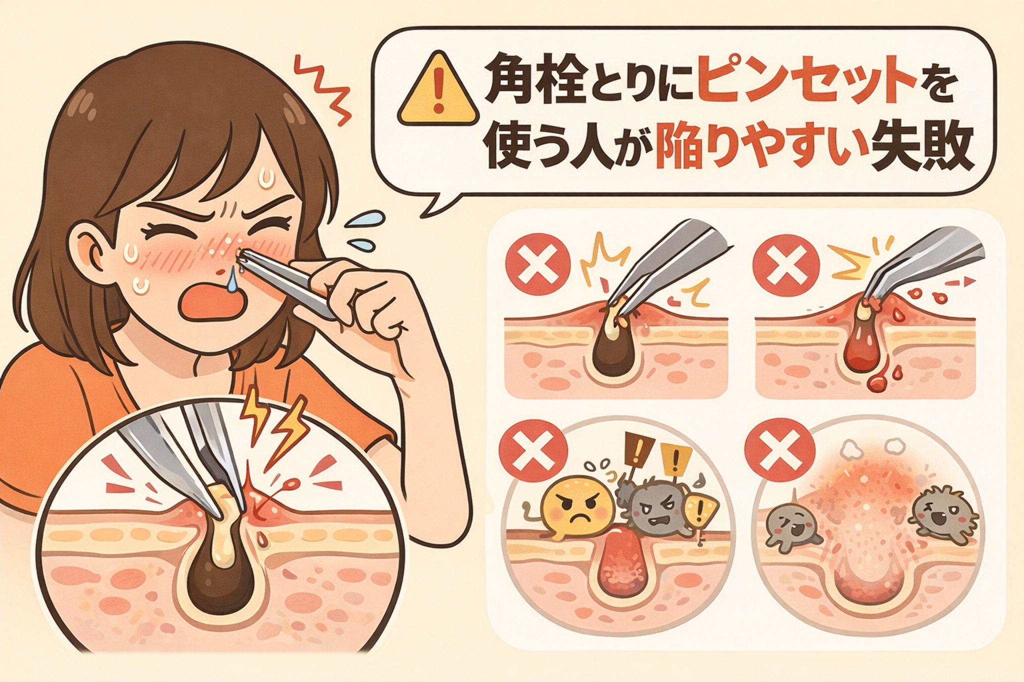 角栓取りにピンセットを使う人が陥りやすい失敗を解説する図解イラスト。鼻の角栓をピンセットで無理に引き抜こうとして痛みや赤みが出る様子と、出血・炎症・毛穴ダメージなどのNG事例が複数並べて示されている。
