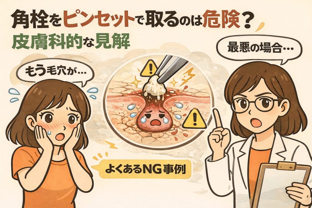 角栓をピンセットで取る行為の危険性を皮膚科的に解説する図解イラスト。毛穴断面で角栓を無理に引き抜かれ赤く炎症した様子と、注意を促す白衣の女性、頬に手を当てて不安そうな女性が描かれている。