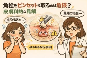 角栓をピンセットで取る行為の危険性を皮膚科的に解説する図解イラスト。毛穴断面で角栓を無理に引き抜かれ赤く炎症した様子と、注意を促す白衣の女性、頬に手を当てて不安そうな女性が描かれている。