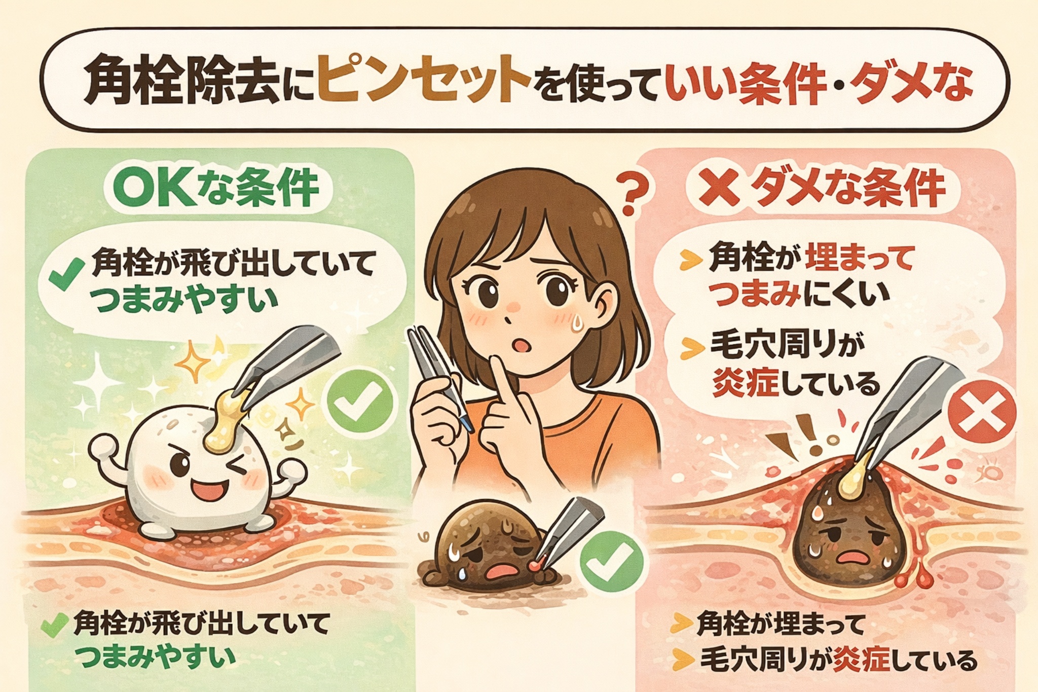 角栓除去にピンセットを使ってよい条件とダメな条件を比較した図解イラスト。角栓が飛び出していてつまみやすい場合はOK、角栓が埋まっている場合や毛穴周りに炎症がある場合はNGとして、チェックマークとバツ印で分かりやすく示されている。