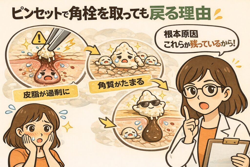 ピンセットで角栓を取っても再発する理由を解説する図解イラスト。角栓を除去しても皮脂過剰や角質の蓄積が残り、再び角栓が形成される流れを矢印で示し、皮膚科視点で説明する白衣の女性と不安そうな女性が描かれている。
