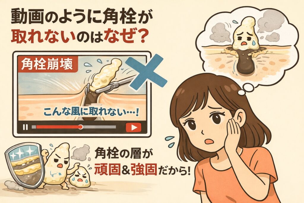 動画のように角栓が簡単に取れない理由を解説する図解イラスト。角栓崩壊動画の再生画面にはバツ印が付けられ、実際の角栓は層構造で頑固かつ強固であることが示され、不安そうに頬に手を当てる女性が描かれている。