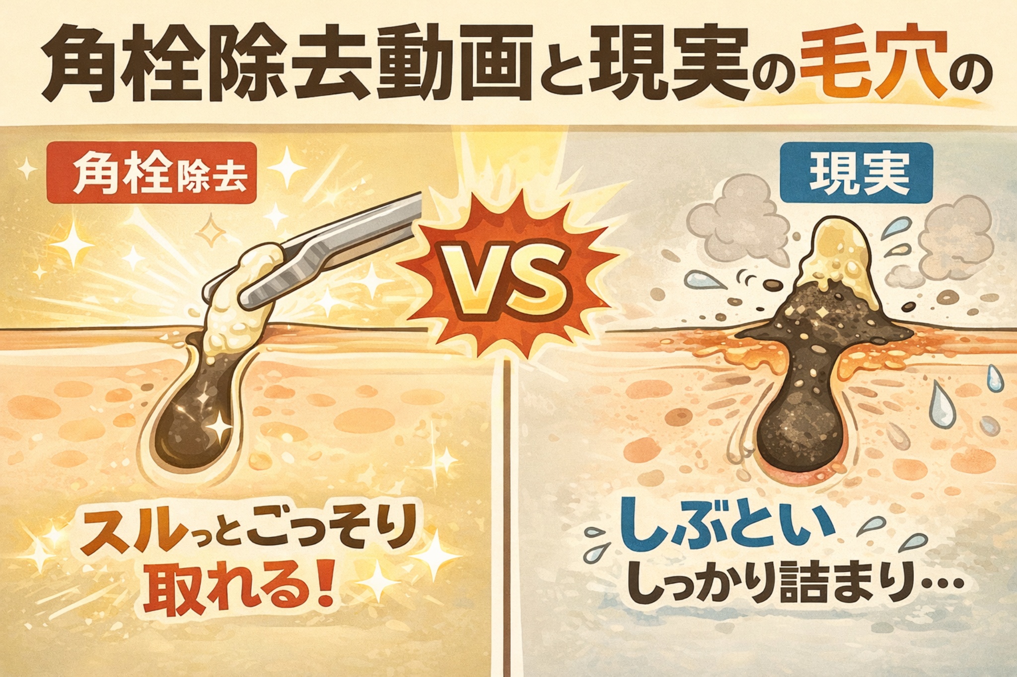 角栓除去動画と現実の毛穴の違いを比較した図解イラスト。左は動画のようにピンセットで角栓がスルッと取れる演出、右は現実の毛穴で角栓がしぶとく詰まっている様子を対比し、理想と現実のギャップを示している。