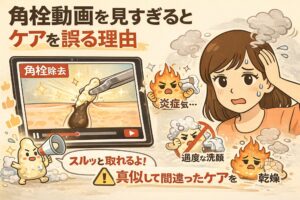 角栓動画を見すぎることでケアを誤ってしまう理由を解説する図解イラスト。角栓除去動画を真似した結果、炎症・過度な洗顔・乾燥などのトラブルが起きる様子と、悩む女性が描かれている。
