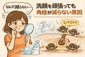 洗顔を頑張っても角栓が減らない理由を解説する図解イラスト。鏡を見て悩む女性と、洗顔料で泡立てても毛穴奥の角栓が残り続ける様子が描かれ、角栓がしつこく再発する構造を示している。