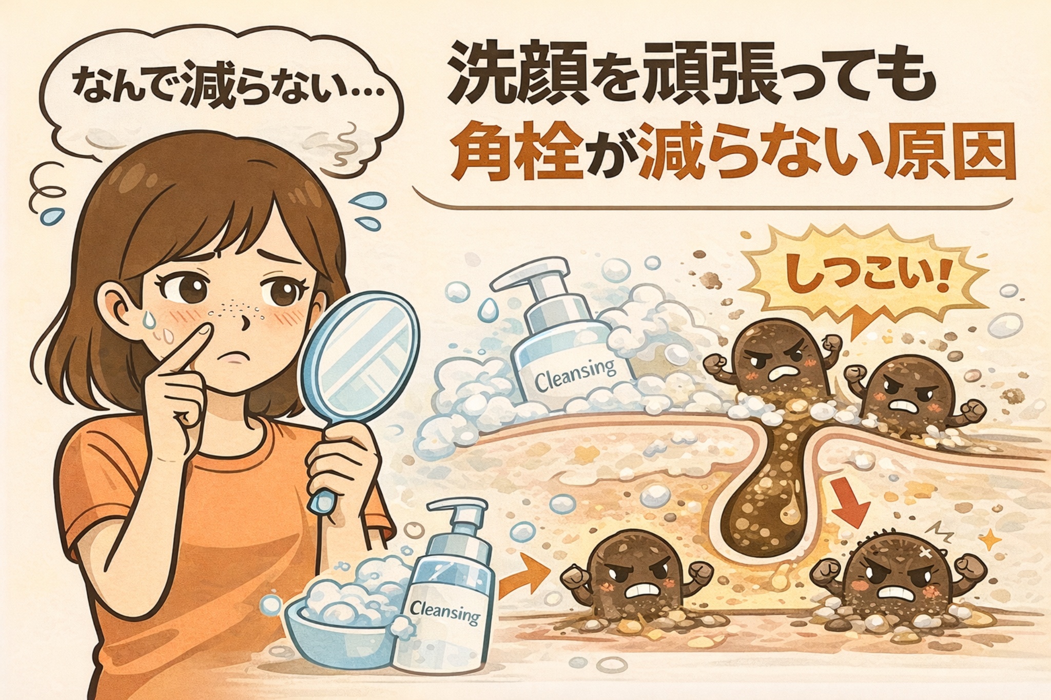 洗顔を頑張っても角栓が減らない理由を解説する図解イラスト。鏡を見て悩む女性と、洗顔料で泡立てても毛穴奥の角栓が残り続ける様子が描かれ、角栓がしつこく再発する構造を示している。