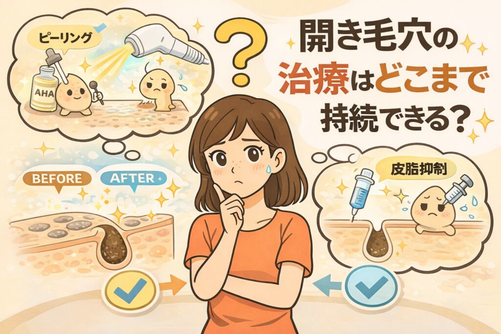 開き毛穴の治療効果がどこまで持続するのかを解説するイラスト。ピーリング（AHA）や美容医療によって一時的に毛穴がきれいに見えるビフォーアフターと、皮脂抑制治療で毛穴状態が落ち着く様子が対比して描かれている。一方で、根本的な肌構造や皮脂分泌が変わらない場合は効果が長続きしにくいことが示され、悩む女性の表情とともに、開き毛穴治療の持続性には限界があるという現実を視覚的に伝えている。