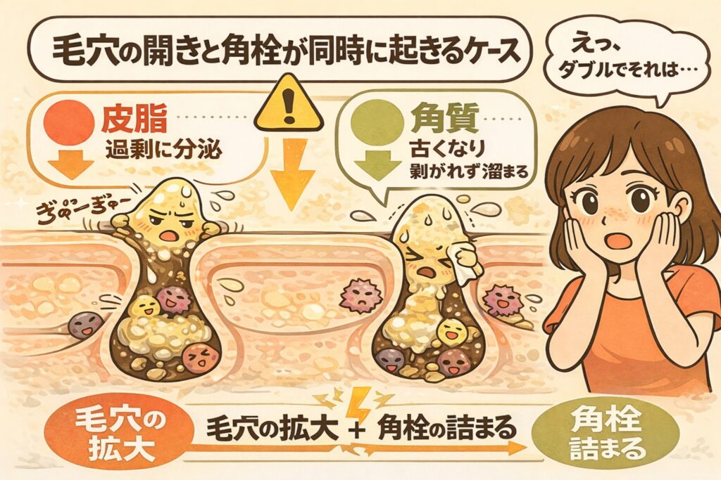 毛穴の開きと角栓詰まりが同時に起きるケースを解説するイラスト。皮脂が過剰に分泌されて毛穴が押し広げられる一方で、角質が古くなって剥がれずに溜まり、角栓として詰まっていく様子が描かれている。毛穴の拡大と角栓の詰まりが同時進行する構造が矢印で示され、頬に手を当てて驚く女性の表情とともに、複合的な毛穴トラブルが起こる仕組みを視覚的にわかりやすく伝えている。