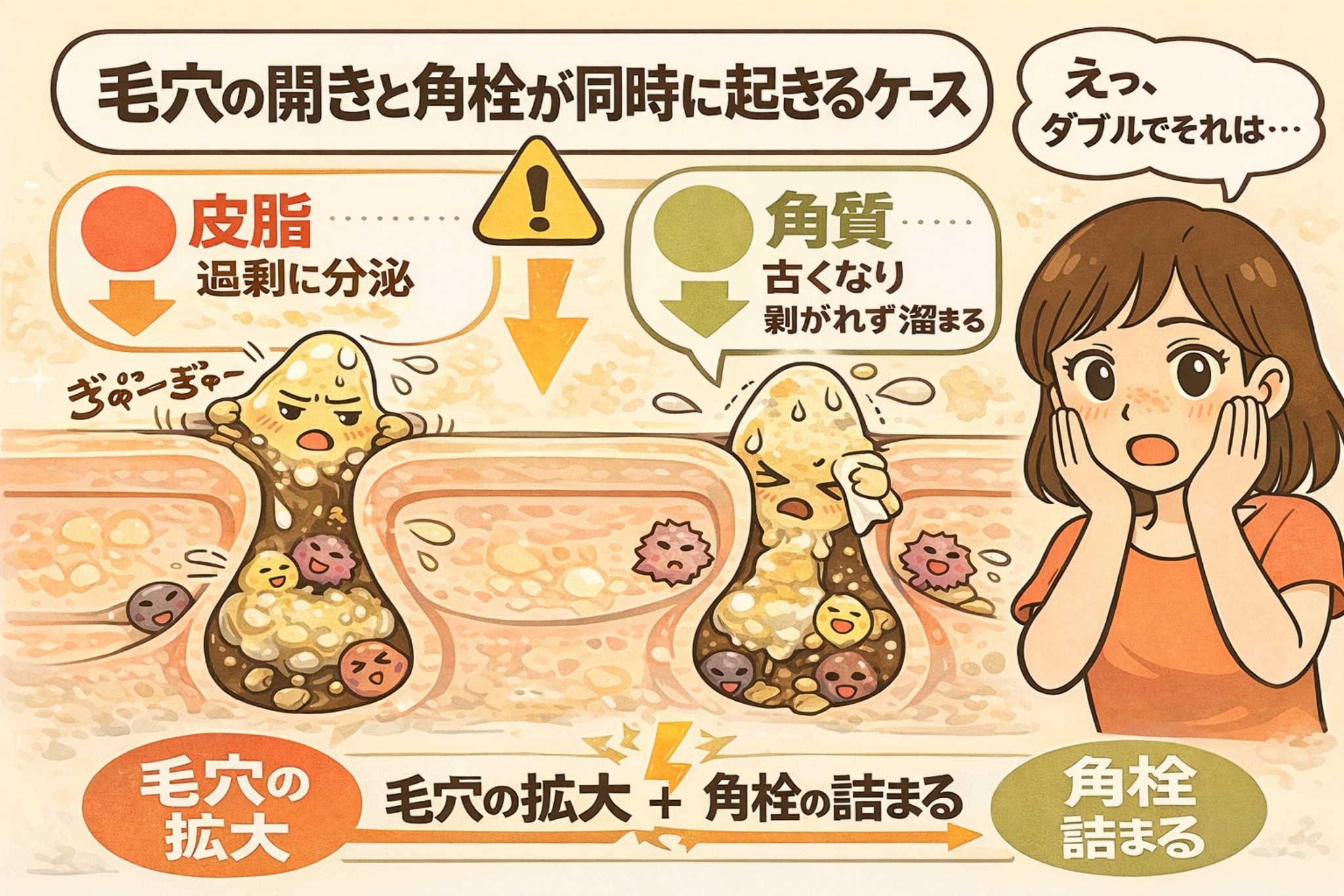 毛穴の開きと角栓詰まりが同時に起きるケースを解説するイラスト。皮脂が過剰に分泌されて毛穴が押し広げられる一方で、角質が古くなって剥がれずに溜まり、角栓として詰まっていく様子が描かれている。毛穴の拡大と角栓の詰まりが同時進行する構造が矢印で示され、頬に手を当てて驚く女性の表情とともに、複合的な毛穴トラブルが起こる仕組みを視覚的にわかりやすく伝えている。