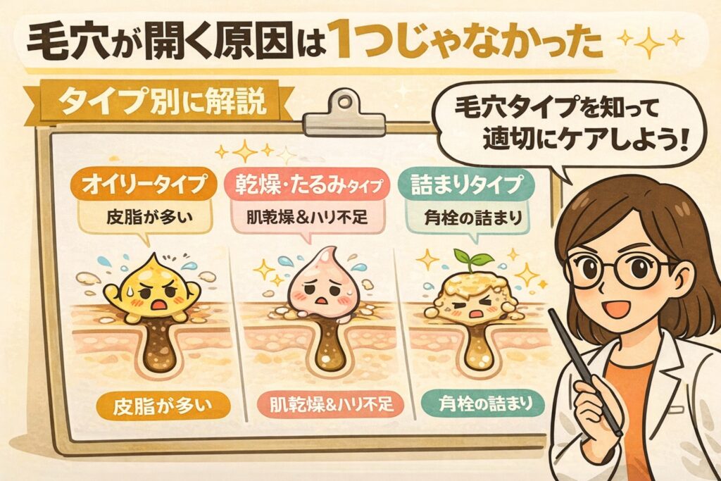 毛穴が開く原因は一つではないことを、タイプ別に解説したイラスト。オイリータイプ（皮脂が多い）、乾燥・たるみタイプ（肌乾燥とハリ不足）、詰まりタイプ（角栓の詰まり）の3種類の毛穴断面が並べて描かれている。白衣と眼鏡の女性が指差しで「毛穴タイプを知って適切にケアしよう」と説明し、毛穴悩みは原因別にケアを考える必要があることを視覚的に伝えている。