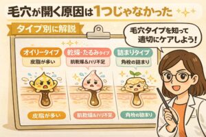 毛穴が開く原因は一つではないことを、タイプ別に解説したイラスト。オイリータイプ（皮脂が多い）、乾燥・たるみタイプ（肌乾燥とハリ不足）、詰まりタイプ（角栓の詰まり）の3種類の毛穴断面が並べて描かれている。白衣と眼鏡の女性が指差しで「毛穴タイプを知って適切にケアしよう」と説明し、毛穴悩みは原因別にケアを考える必要があることを視覚的に伝えている。