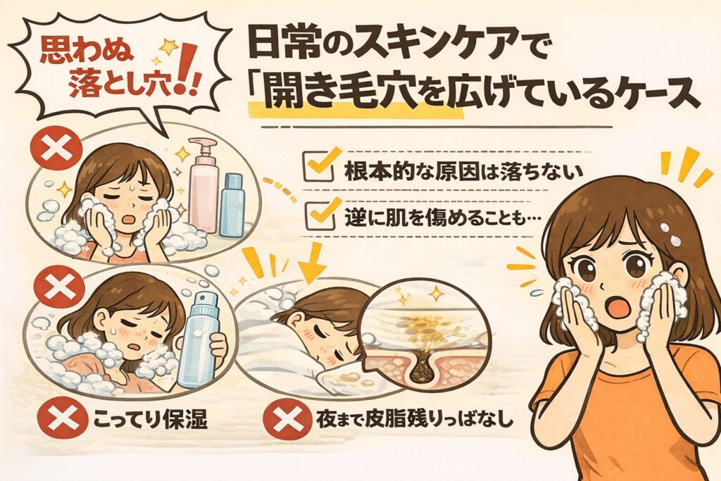 日常のスキンケアの中で、知らないうちに開き毛穴を広げてしまっているケースを解説するイラスト。過度な洗顔やこってりした保湿、皮脂を残したまま就寝する様子がNG例として描かれ、「根本的な原因は落とせない」「逆に肌を傷めることもある」という注意点が示されている。右側では泡で顔を洗い戸惑う女性が描かれ、日常習慣の積み重ねが毛穴状態に影響することを視覚的に伝えている。